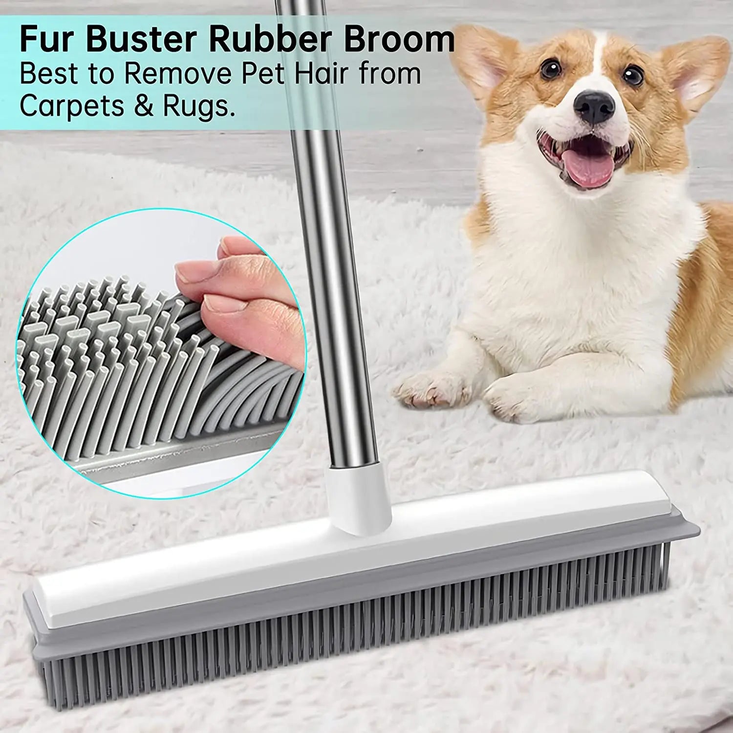 2 in 1 Broom with Squeegee Edge, 1 Count Adjustable Long Handle Soft Rubber Bristle Broom for Outdoor Indoor, Carpet Brush for Pet Cat Dog Hair Removal, House Cleaning Tools