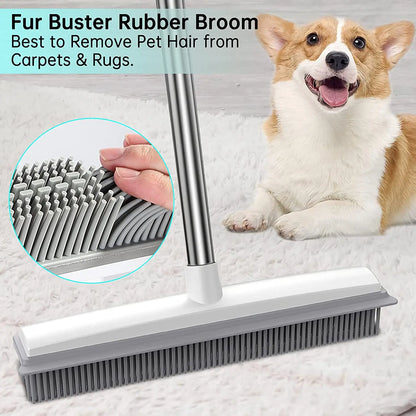 2 in 1 Broom with Squeegee Edge, 1 Count Adjustable Long Handle Soft Rubber Bristle Broom for Outdoor Indoor, Carpet Brush for Pet Cat Dog Hair Removal, House Cleaning Tools