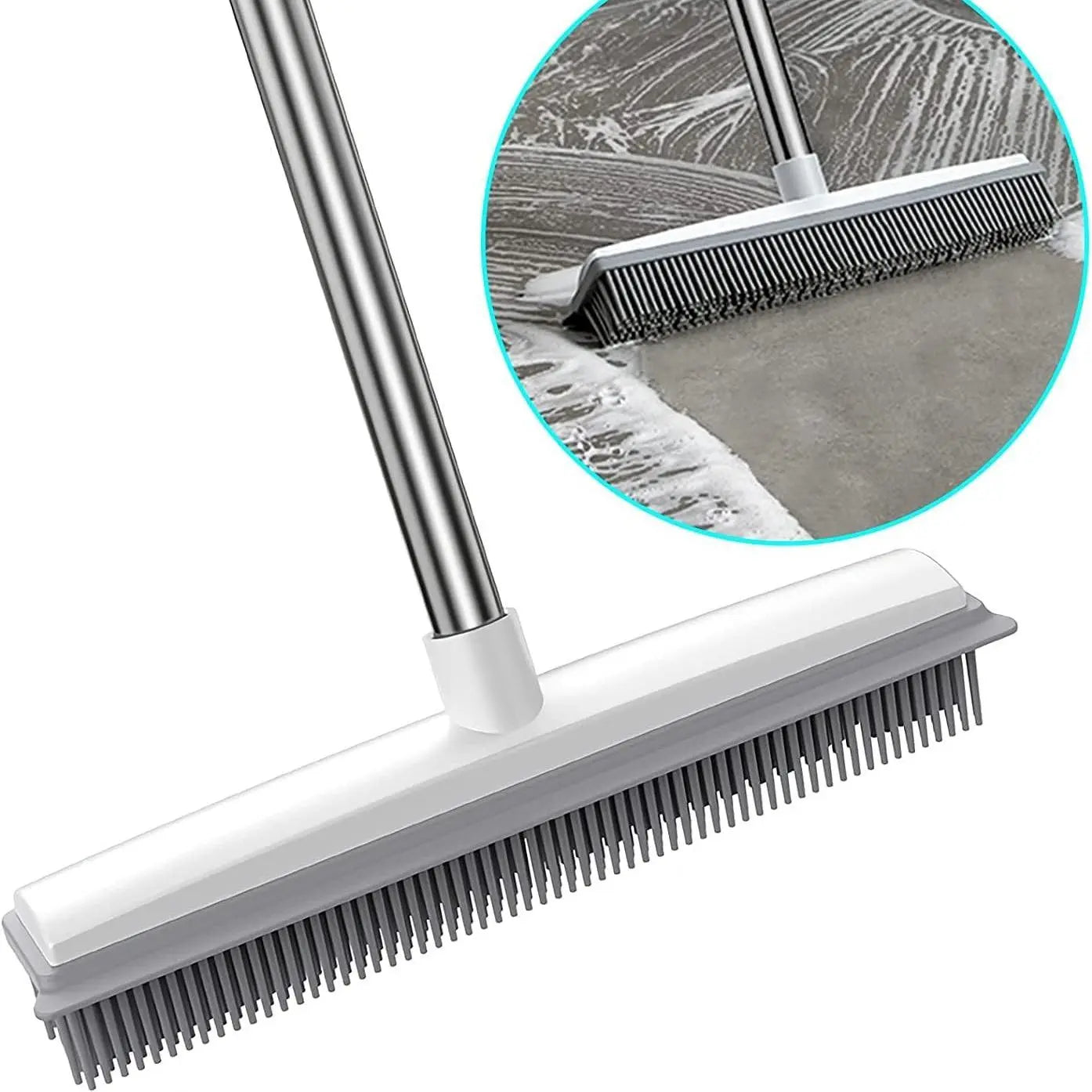 2 in 1 Broom with Squeegee Edge, 1 Count Adjustable Long Handle Soft Rubber Bristle Broom for Outdoor Indoor, Carpet Brush for Pet Cat Dog Hair Removal, House Cleaning Tools