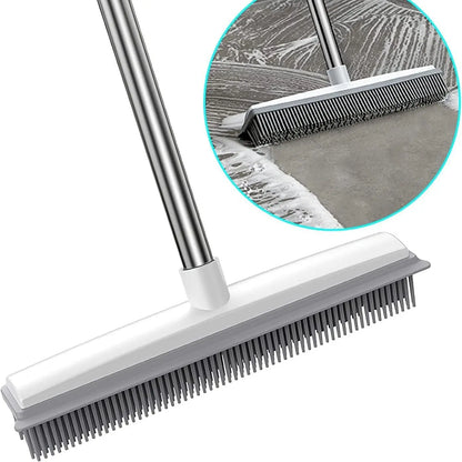 2 in 1 Broom with Squeegee Edge, 1 Count Adjustable Long Handle Soft Rubber Bristle Broom for Outdoor Indoor, Carpet Brush for Pet Cat Dog Hair Removal, House Cleaning Tools