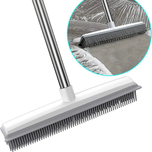2 in 1 Broom with Squeegee Edge, 1 Count Adjustable Long Handle Soft Rubber Bristle Broom for Outdoor Indoor, Carpet Brush for Pet Cat Dog Hair Removal, House Cleaning Tools