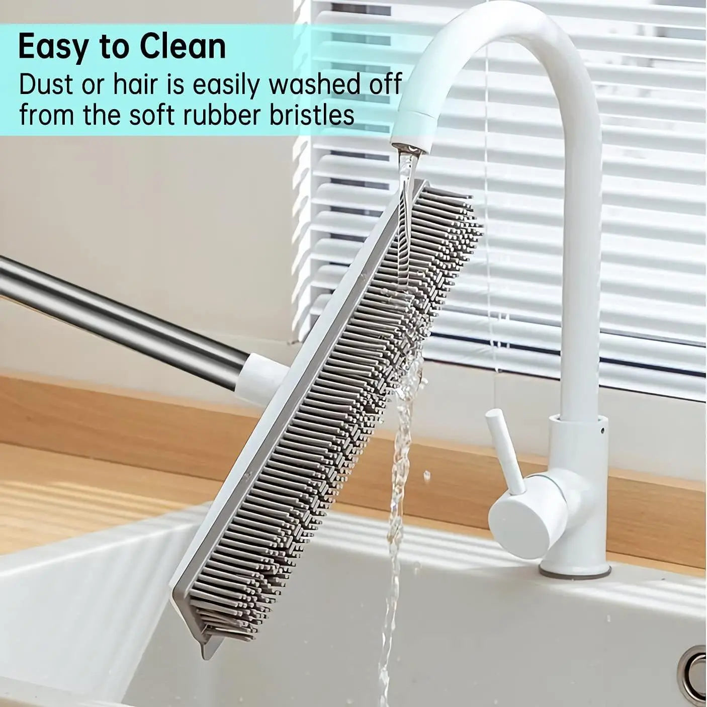 2 in 1 Broom with Squeegee Edge, 1 Count Adjustable Long Handle Soft Rubber Bristle Broom for Outdoor Indoor, Carpet Brush for Pet Cat Dog Hair Removal, House Cleaning Tools