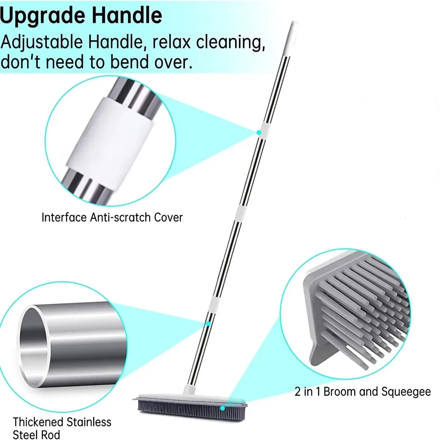 2 in 1 Broom with Squeegee Edge, 1 Count Adjustable Long Handle Soft Rubber Bristle Broom for Outdoor Indoor, Carpet Brush for Pet Cat Dog Hair Removal, House Cleaning Tools