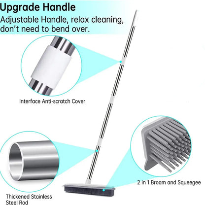 2 in 1 Broom with Squeegee Edge, 1 Count Adjustable Long Handle Soft Rubber Bristle Broom for Outdoor Indoor, Carpet Brush for Pet Cat Dog Hair Removal, House Cleaning Tools